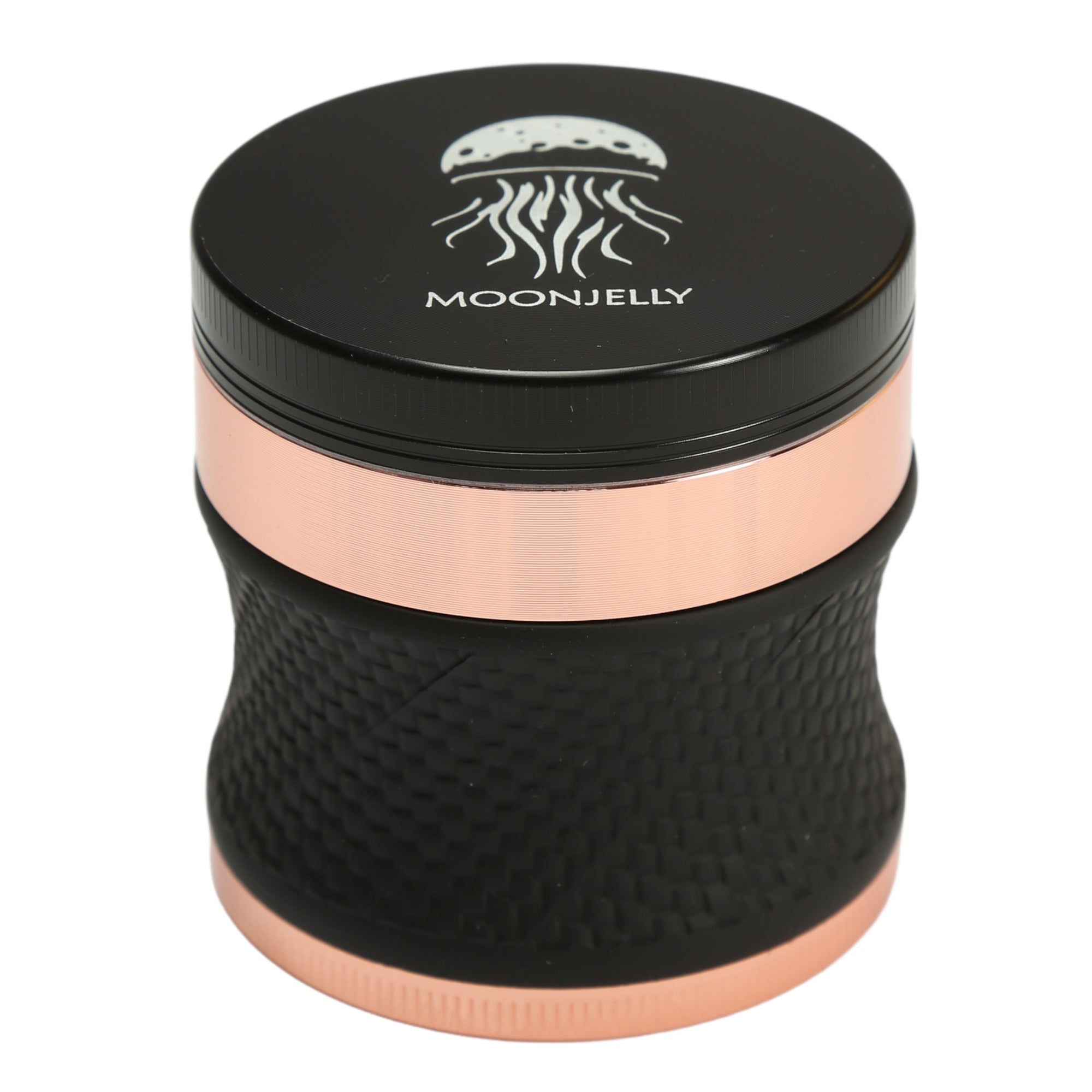 Black and rose gold grinder with Moonjelly logo on a white background