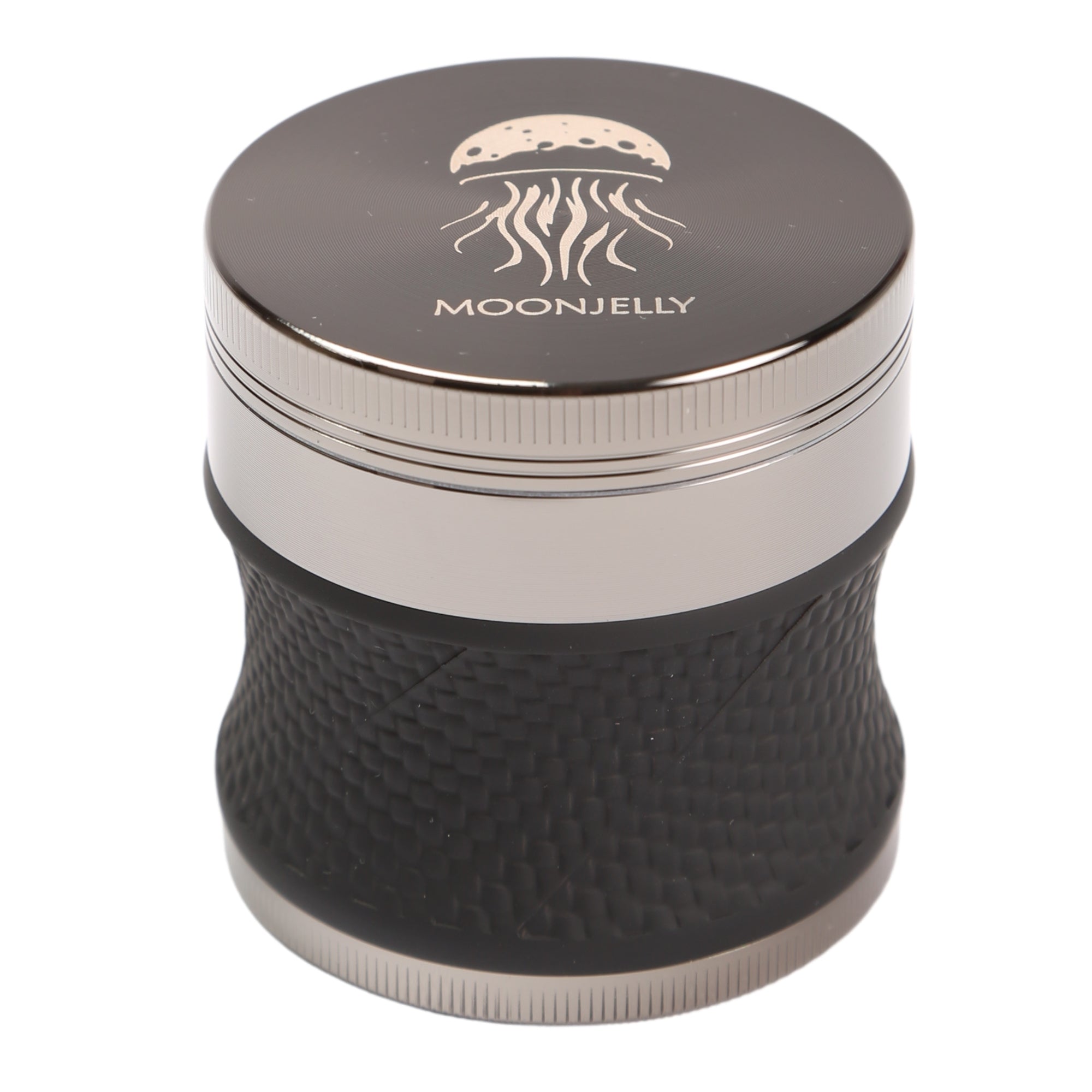 Black and silver grinder with Moonjelly logo on a white background.