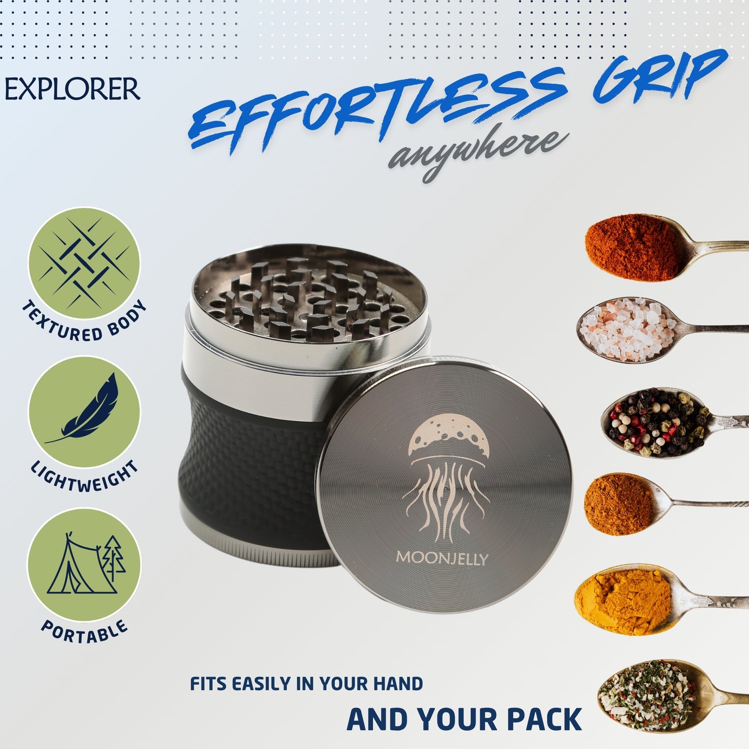 Metal grinder with MoonJelly logo, surrounded by spices and text highlighting features like 'Effortless Grip' and 'Textured Body'. #color_titanium
