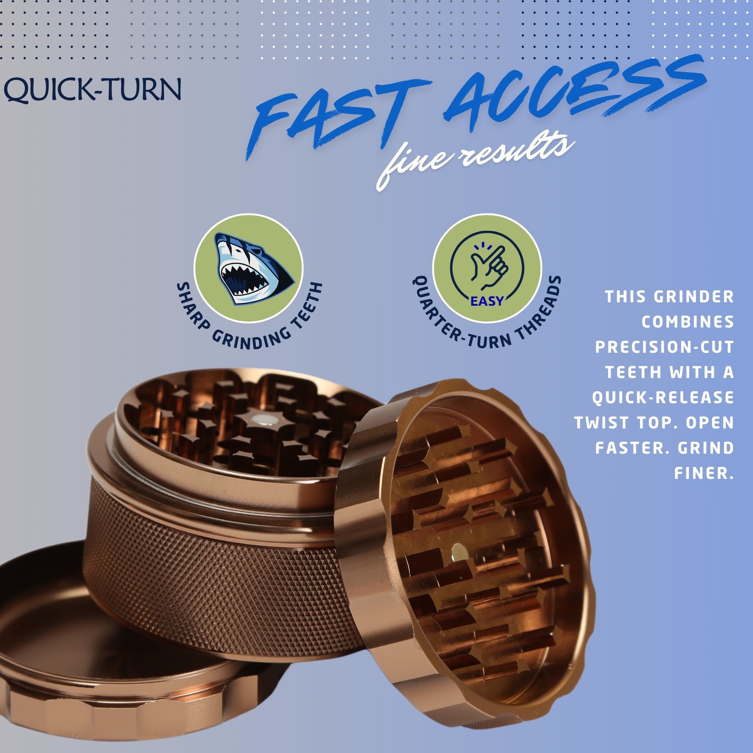 Bronze grinder with text on a blue background