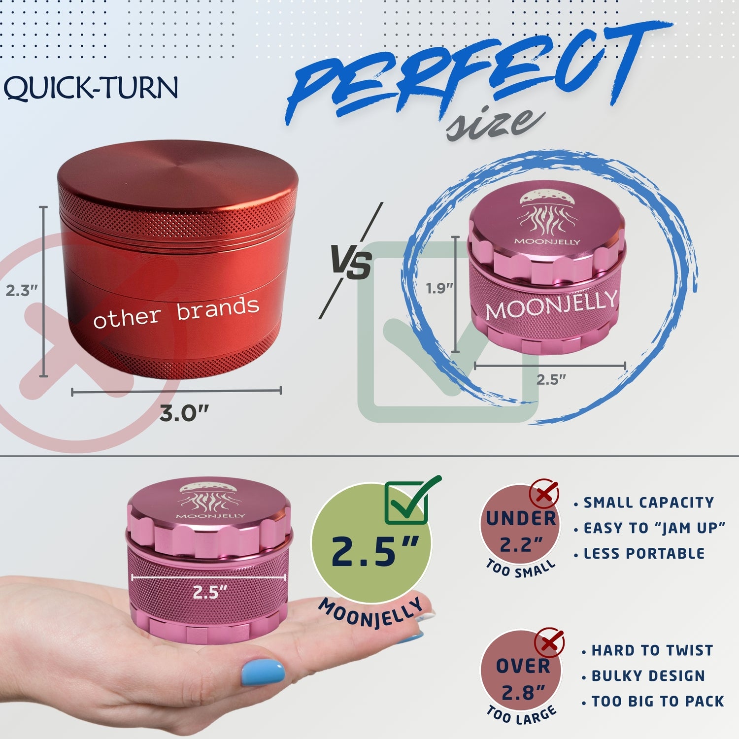 Comparison of a red and pink grinder with text highlighting 'Perfect size' and features of Moonjelly product.