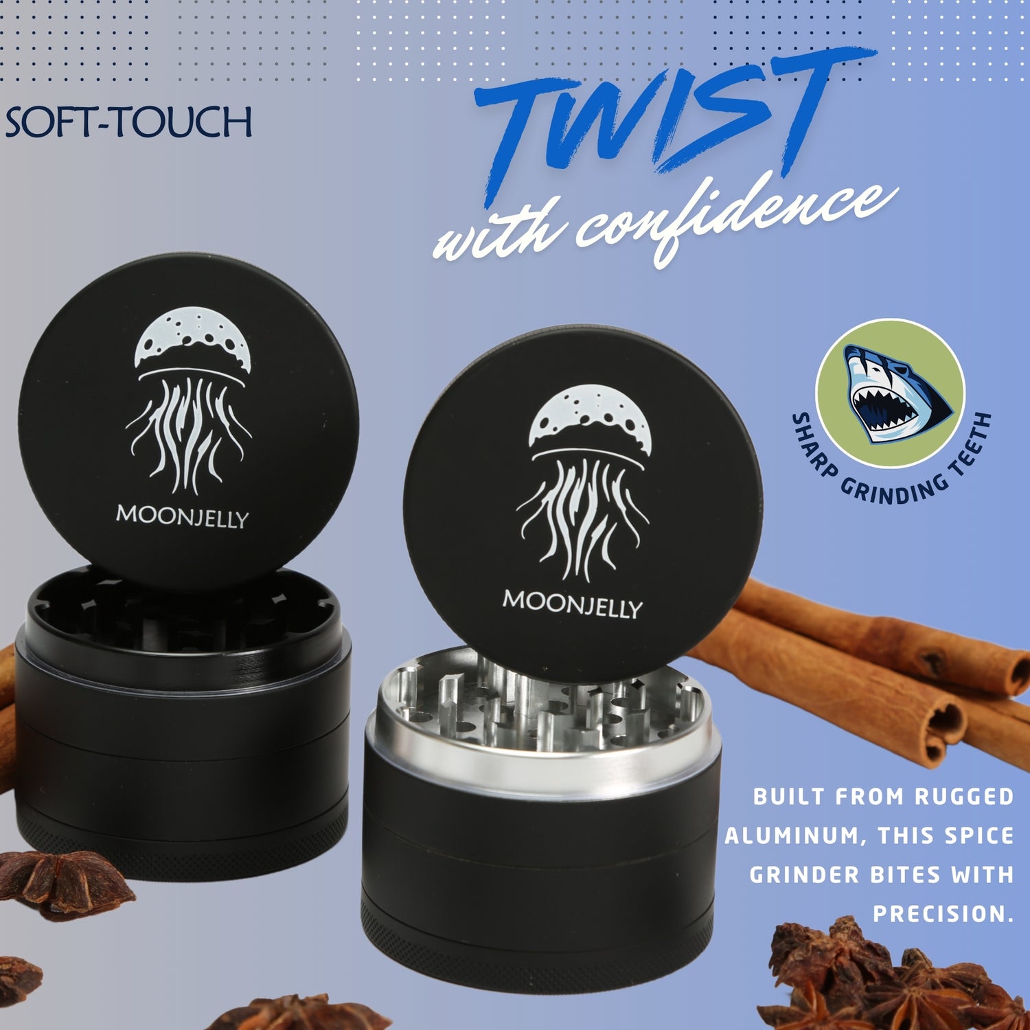 Black spice grinder with Moonjelly logo on a blue background with cinnamon sticks and star anise.
