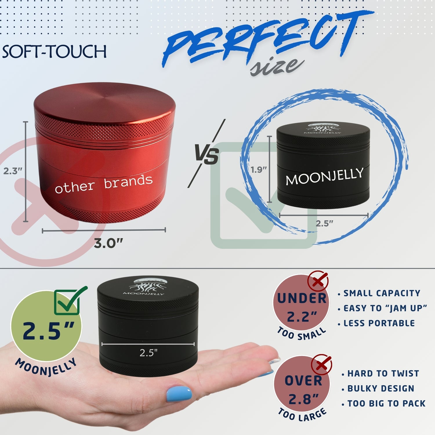 Comparison of a red grinder from 'other brands' versus a black Moonjelly grinder with measurements and text indicating 'Perfect size'.