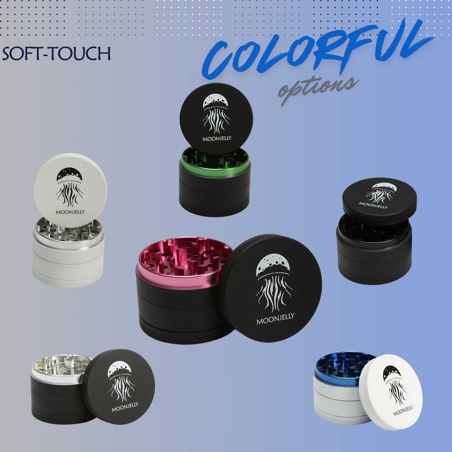 Collection of Moonjelly branded grinders with soft-touch options on a gradient background.