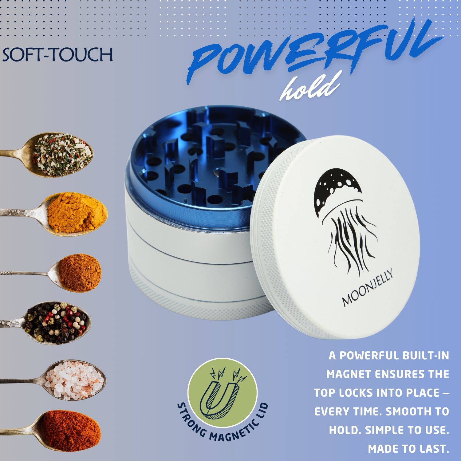 Grinder with blue interior and white lid featuring a brand logo, surrounded by spices and text highlighting features.