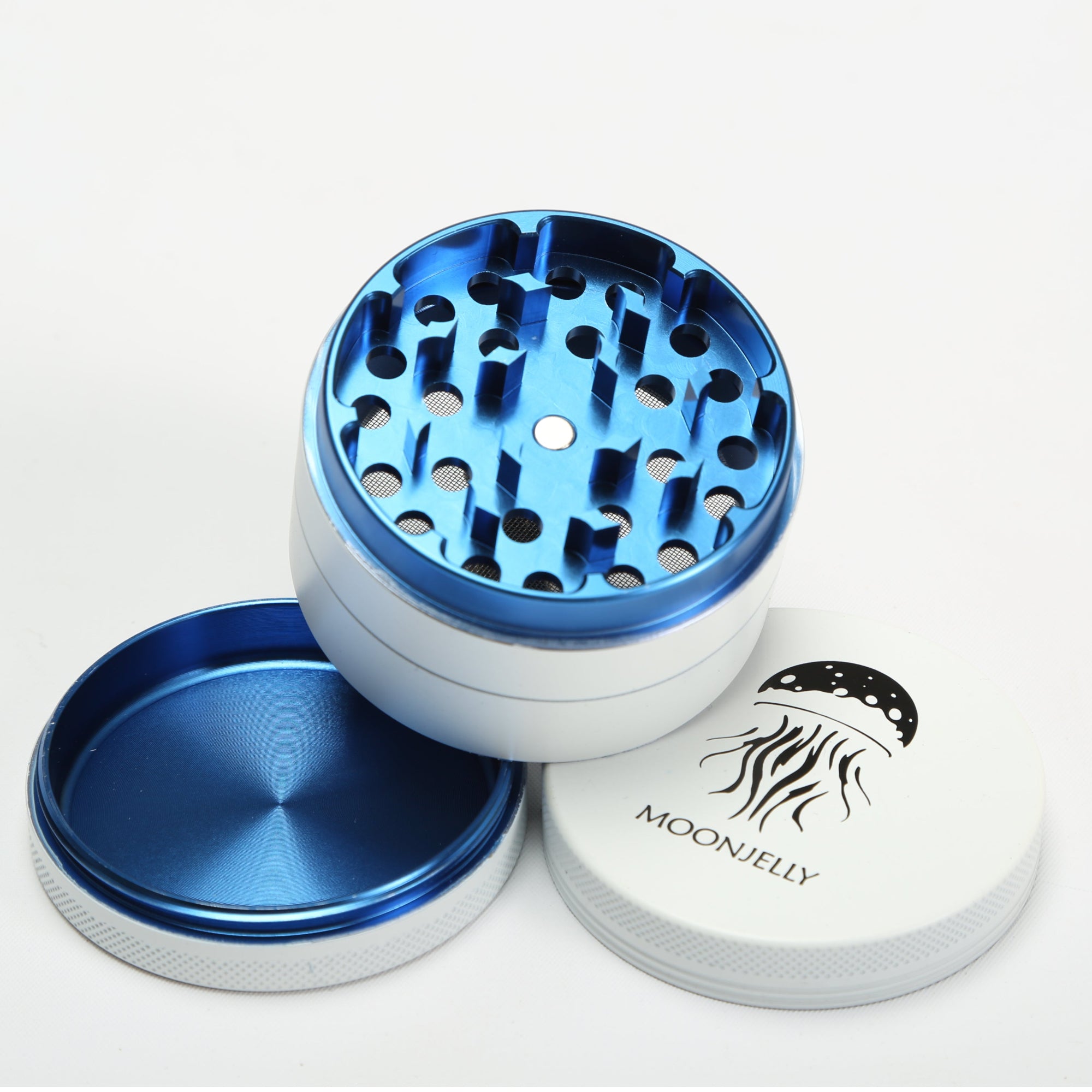 Blue and white metal grinder with &