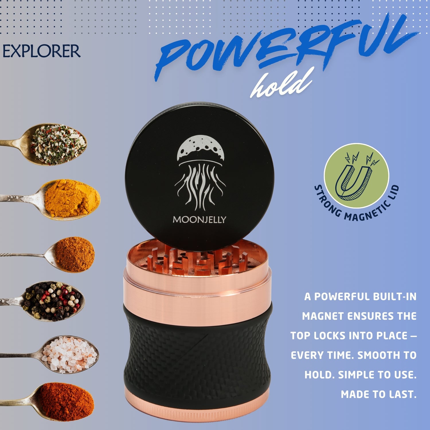 MOONJELLY herb grinder with magnetic lid on a blue background