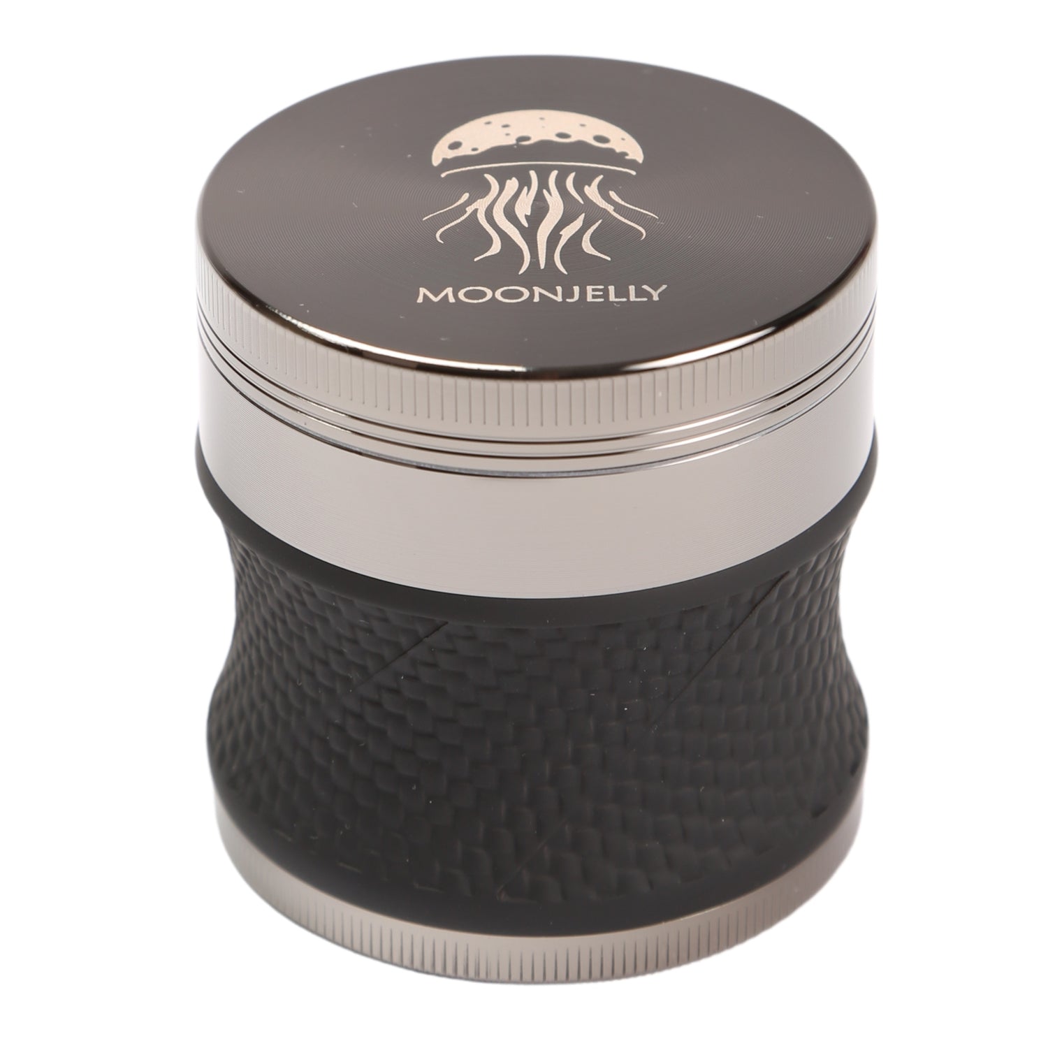 Black and silver grinder with Moonjelly logo on a white background. 