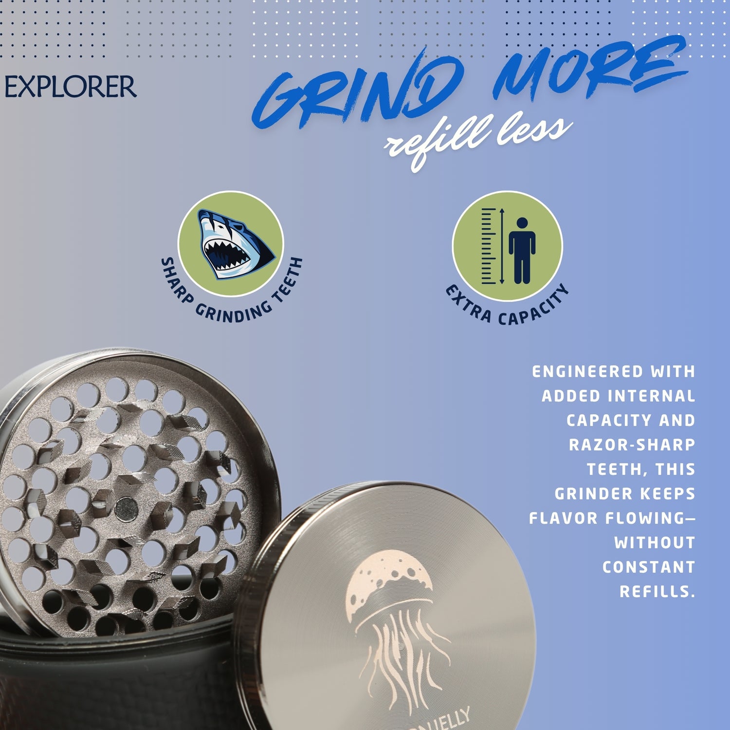 Metal grinder with branding and text on a blue background. #color_titanium