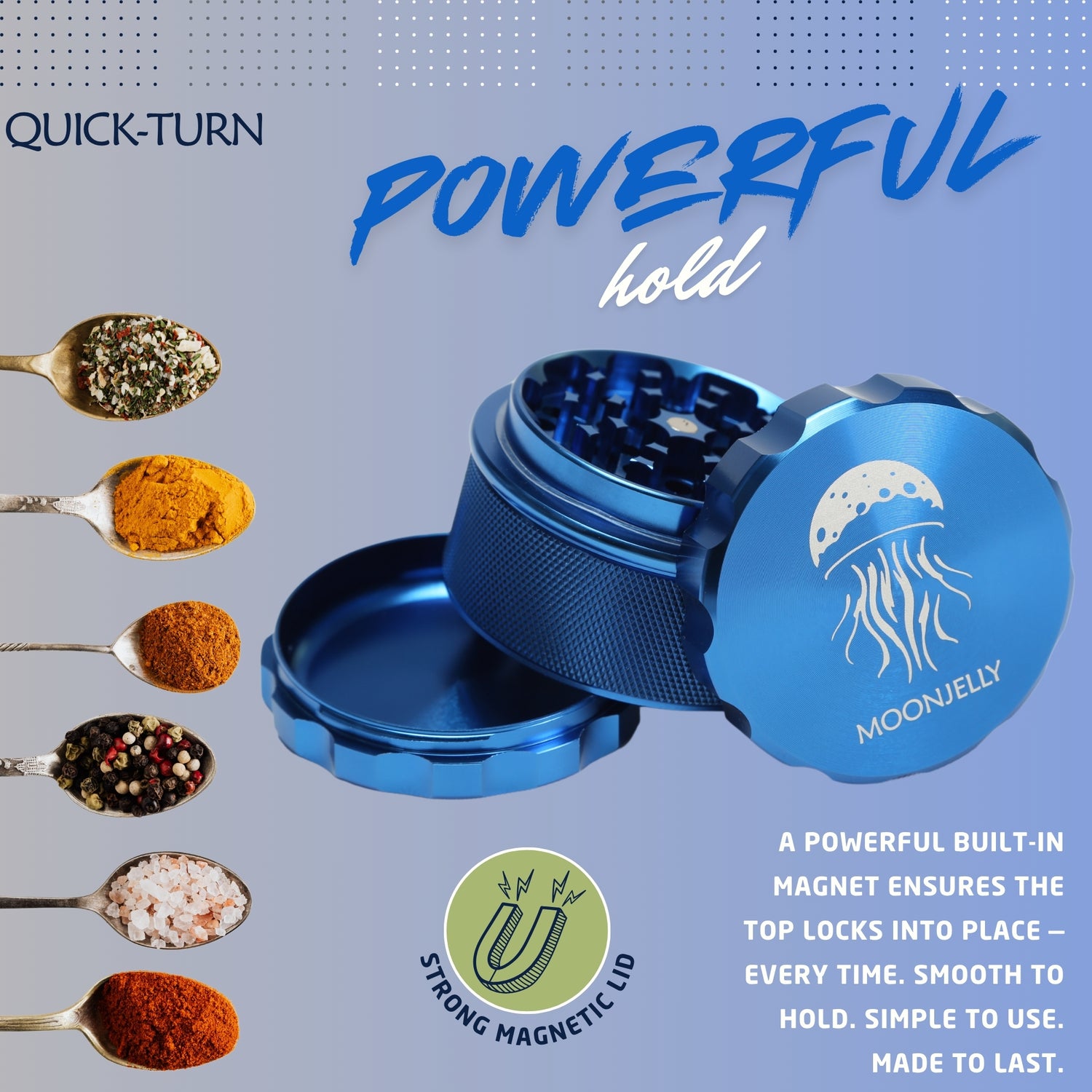 Blue grinder with magnetic lid feature, spices in spoons, and branding on a gray background