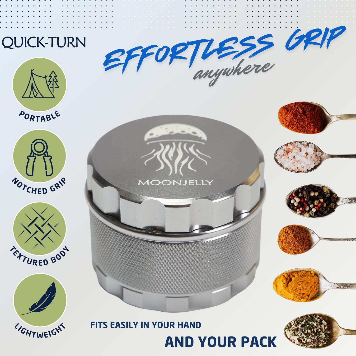 Silver grinder with Moonjelly branding on a white background with text and icons about product features.