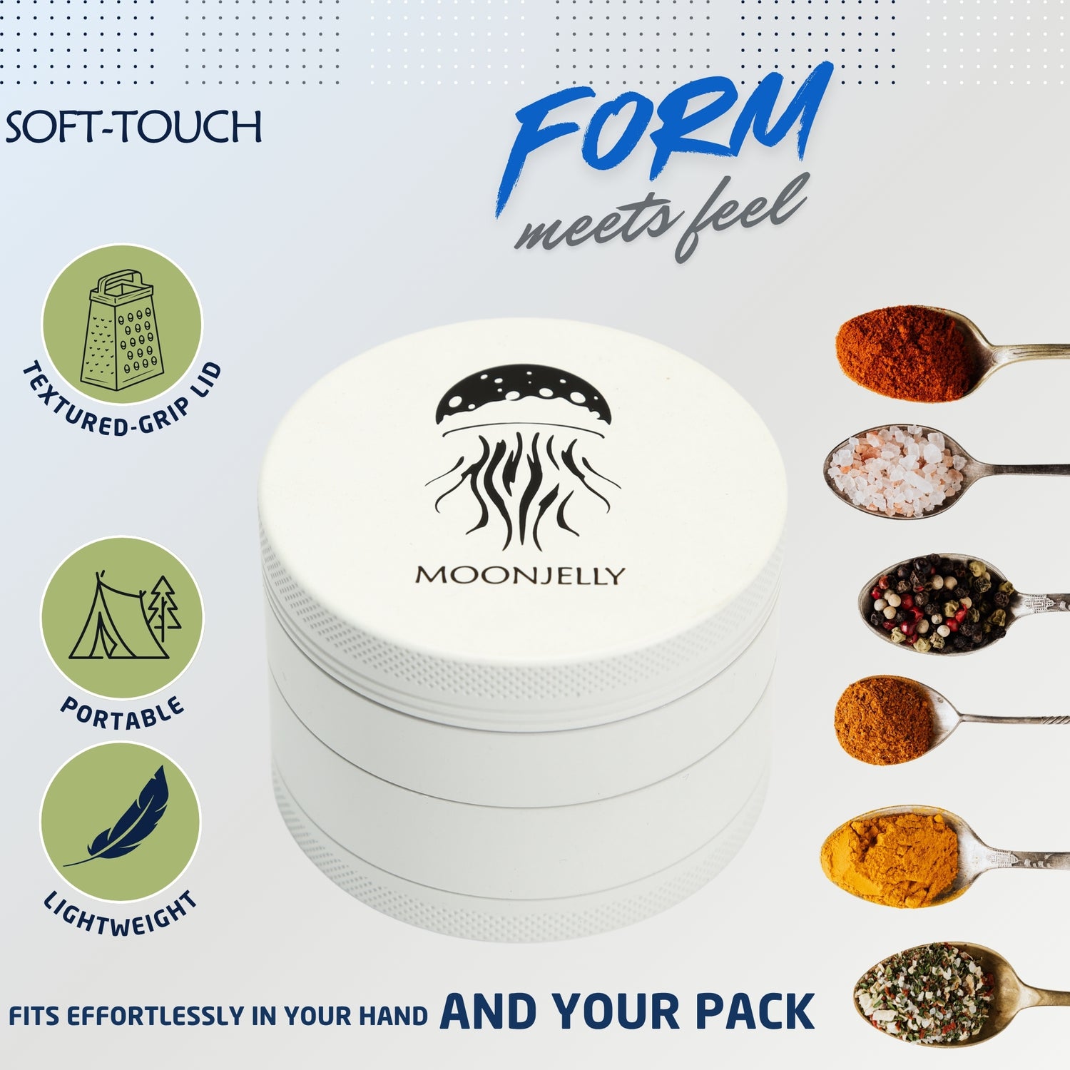 Moonjelly grinder with branding and product features on a white background