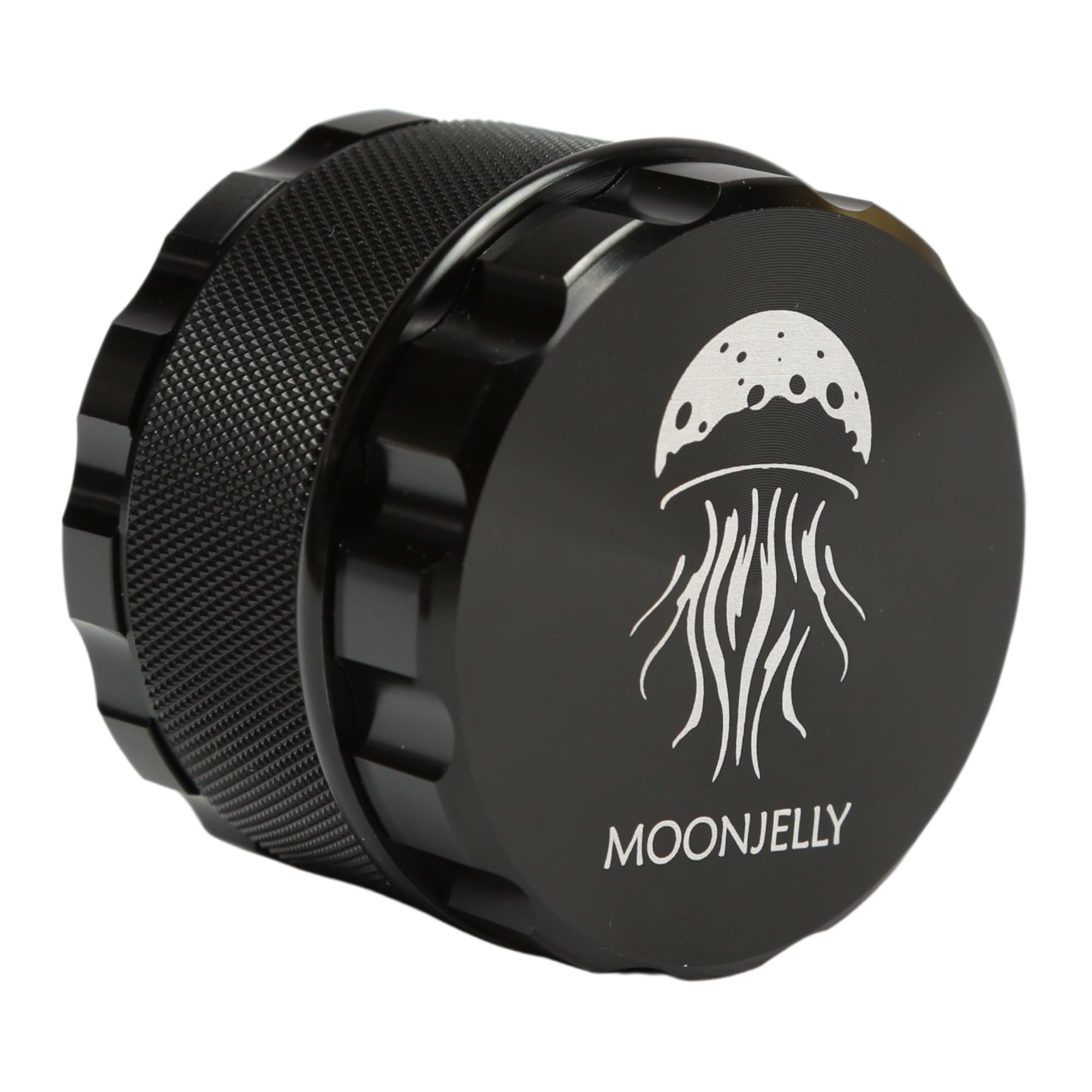 Black grinder with Moonjelly logo on a white background 